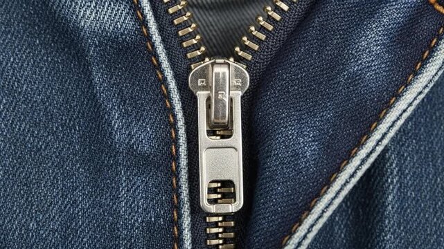Close-up of denim jacket zipper.