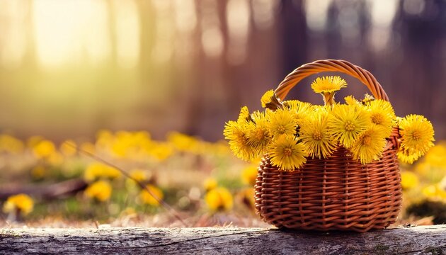 spring landscape with yellow coltsfoot flowers in wicker basket outdoor plant coltsfoot tussilago farfara used in traditional medicine first flowers of early spring season nature background