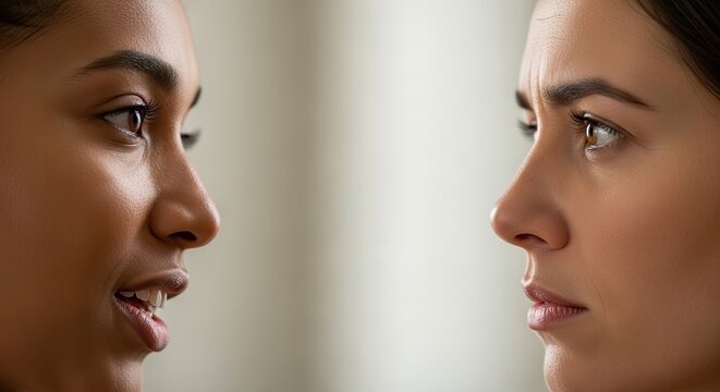 Two women face each other in a close-up shot. Their profiles are shown, highlighting the differences in their facial features.