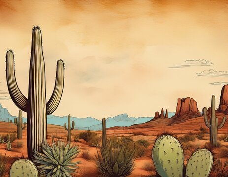 western american desert nature background vintage arizona prairie landscape with cactuses on old paper texture background