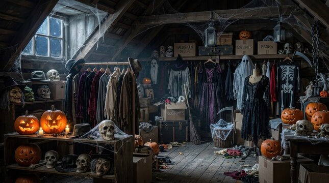 Haunted attic dressing room with spooky costumes and skull decor. Halloween concept.