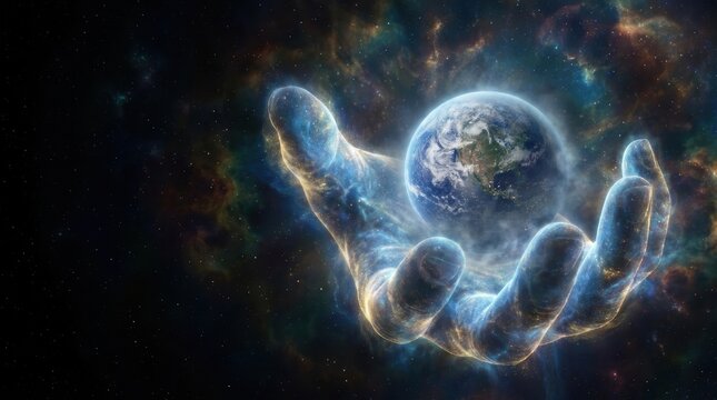 A glowing cosmic hand cradles planet Earth surrounded by swirling nebula and stars