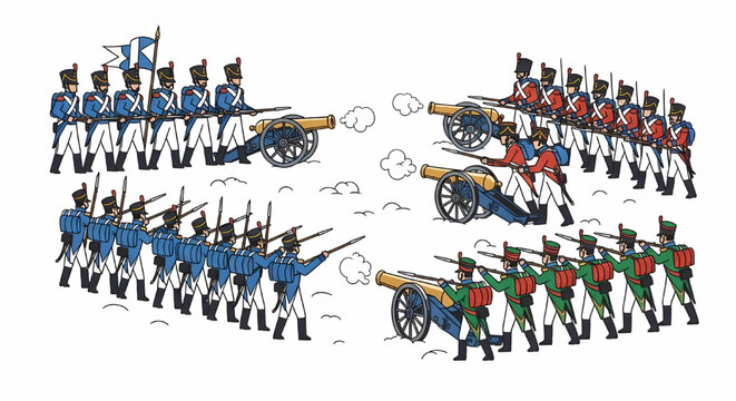 Historical battlefield scene with opposing armies and cannons