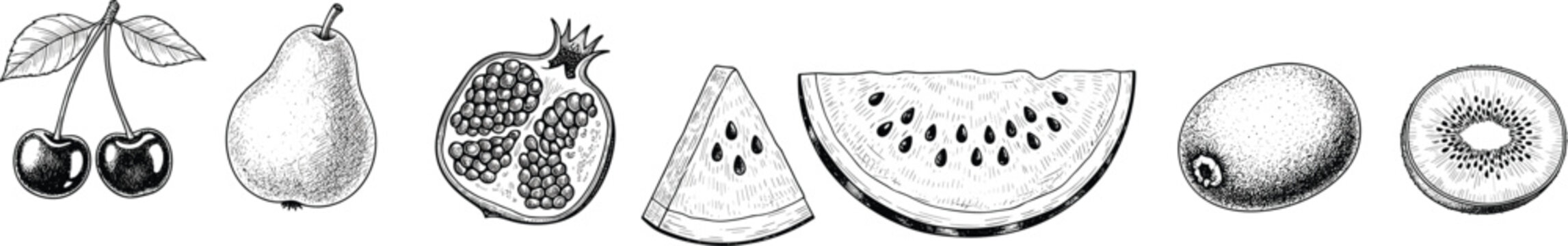 Vintage fruit engraving vector set. Cherry, pear, pomegranate, watermelon, melon, kiwi slice sketch collection. Hand drawn monochrome healthy organic food row illustration.