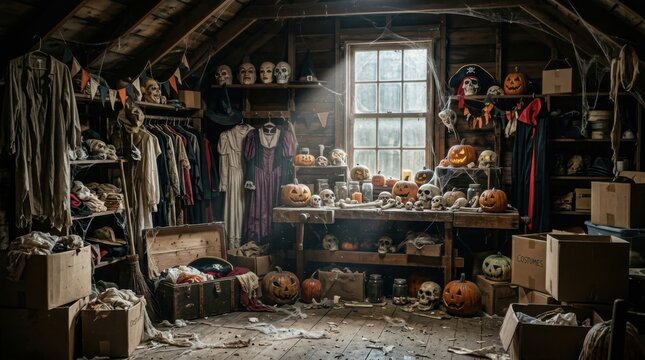 Haunted attic costume room filled with skulls, masks and pumpkins. Halloween concept.
