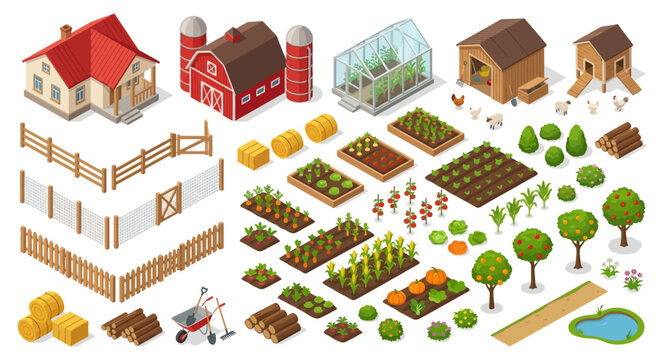 isometric farm set with buildings crops and livestock on white background