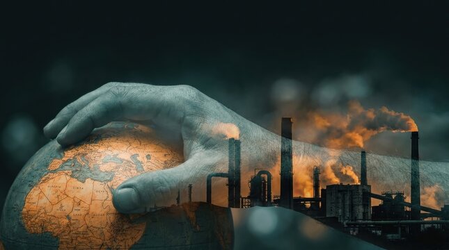 Hand holding globe with industrial factory emitting smoke in double exposure