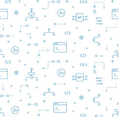 Naklejka premium Seamless Software Developer Inspired Pattern With Programming Flow Icons And Minimal Line Art Vector