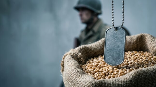 A dog tag hangs in front of a burlap sack filled with wheat grains with a soldier in uniform blurred in the background