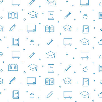 Seamless Teacher Inspired Education Pattern With Academic Line Art Symbols And Minimal Vector Design
