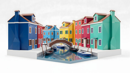 low poly colorful village canal with gondolas and bridge © Andres Mejia