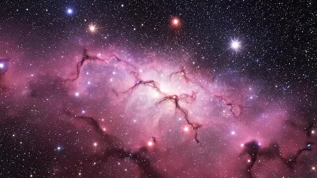 Vibrant pink and purple nebula with bright stars and dark cosmic dust clouds in deep space Keywords: nebula, space, stars, cosmos, universe, galaxy, pink, purple, vibrant, glowing, bright, dark