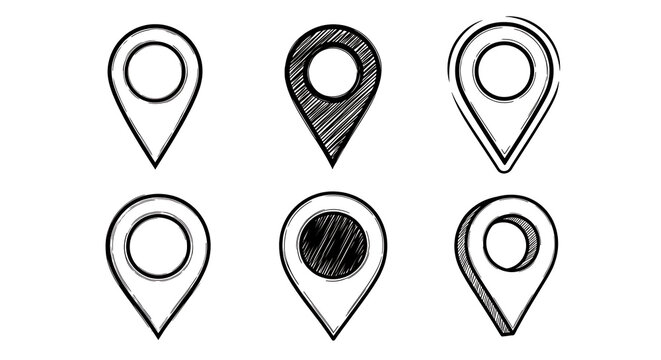 Set of six hand drawn map pin icons with location navigation collection scribble destination interest