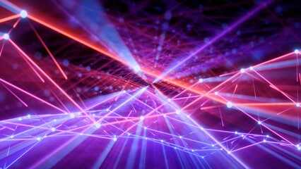 Fototapeta premium Futuristic cyber network connection background with glowing pink and blue laser lines and plexus effect 3D render