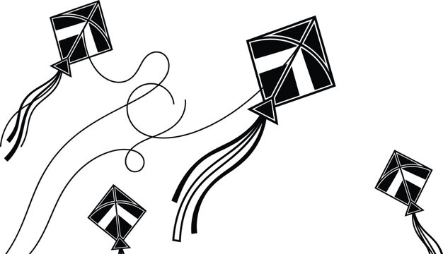 Black and white kites flying with tails in the sky Vector