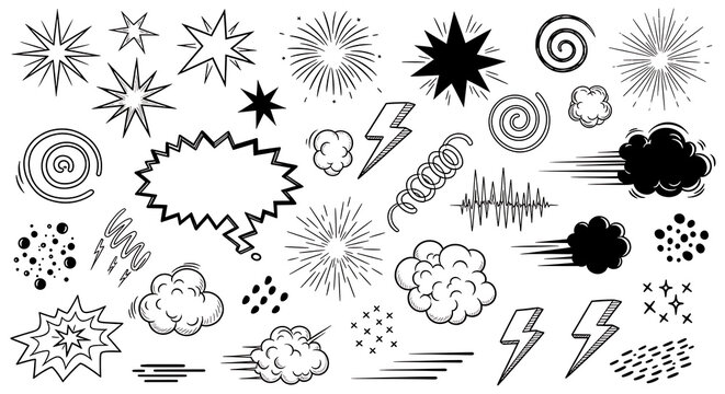 Set of hand-drawn graphic elements: comic bursts lightning bolts clouds abstract shapes with lightning bolt design elements black and white speech bubble sound effect explosion illustration