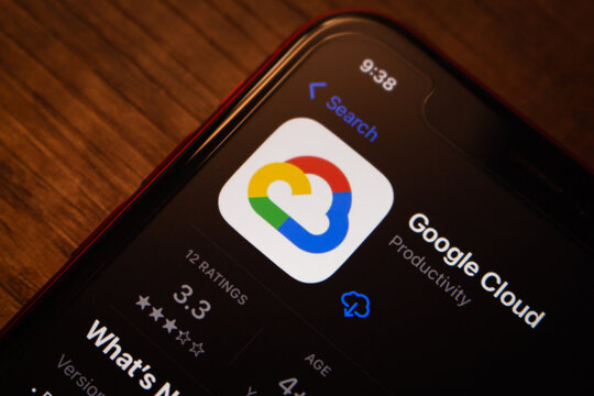 Mexico City, MEXICO - Apr 27 2026 : Close-up of an iPhone displaying the Google Cloud app page on the Apple App Store.
