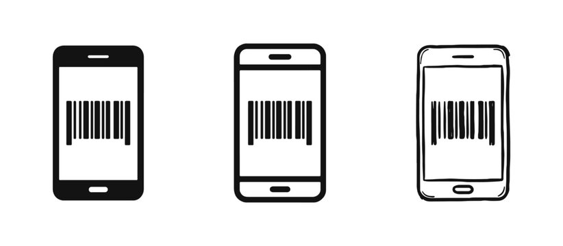 Mobile Barcode Scan Icons Set - Smartphone with Barcode in Silhouette, Line and Hand Drawn Sketch Styles