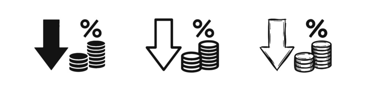 Financial Decrease Icons Set - Down Arrow with Coins and Percentage in Silhouette, Line and Hand Drawn Sketch Styles