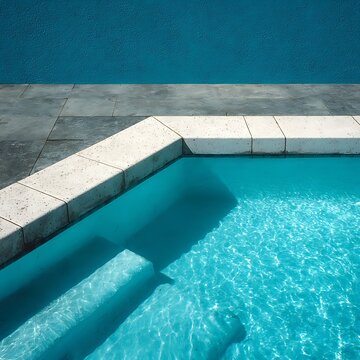 Swimming pool corner featuring clear turquoise water and white stone coping tiles under bright sunlight against a vibrant blue textured wall in a modern luxury outdoor space