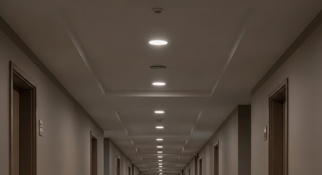 Long hotel hallway with modern recessed ceiling lights creating an illuminated path