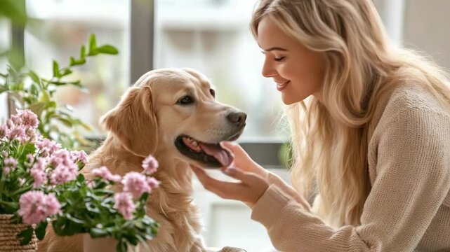 close up pet behaviorist guiding curious dog in new home living room