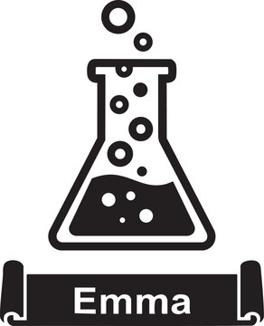 Black and white illustration of a beaker with bubbles and the name emma