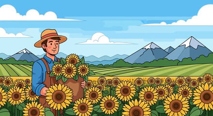 Fototapeta premium Man holding sunflowers in field.
