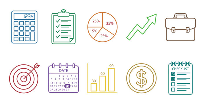 Business finance planning management strategy success icons collection representing various aspects of corporate growth, financial analysis, and goal achievement.