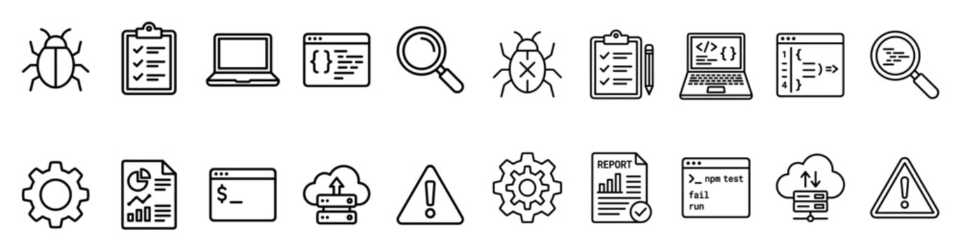 Software development icons collection featuring symbols for coding, debugging, testing, and IT infrastructure management processes.