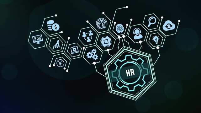 Human resources HR management network structure concept. Abstract digital corporate communication grid with interactive team and user icons