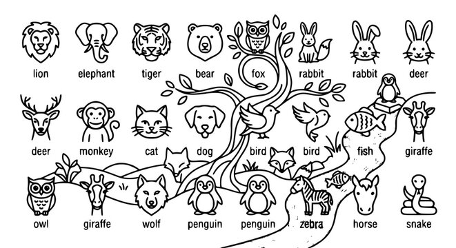 Creative animal vector icon set with modern line wildlife illustrations