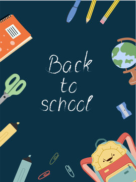 Educational banner with school supplies and back to school text on a dark chalkboard style background. Vector illustration for greeting card, invitation, and commercial promo.
