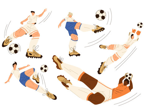 Collection of professional football players kicking ball, running, and jumping. Sports championship concept with athletes in motion. Vector illustration isolated on white.