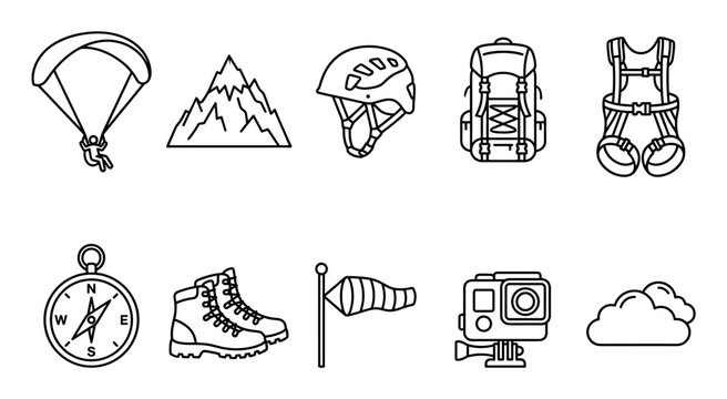 Outdoor adventure equipment icons set featuring paragliding, mountaineering, hiking, and exploration gear in a clean line art style.