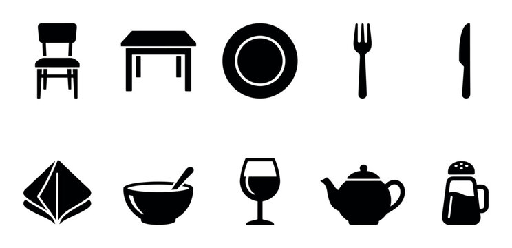 Dining and kitchen essential items collection of silhouette icons representing various household objects used for meal preparation, serving, and eating.