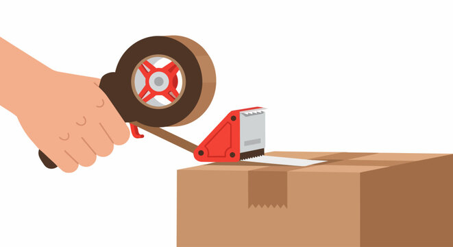Hand Sealing Cardboard Box with Tape Dispenser Gun Illustration for Shipping and Logistics