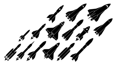 Space exploration rocket silhouette vector set with flying spacecraft booster fleet and shuttle launch icons in diagonal layout © MdIbrahimIslam