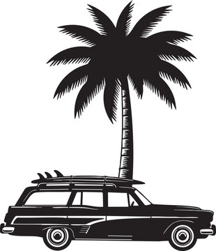 Black and white illustration of a station wagon with surfboards on top