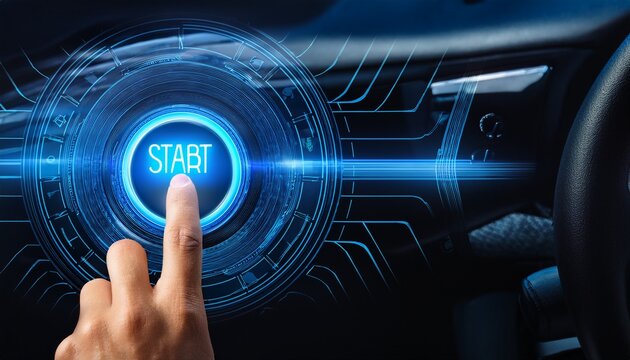 hand pressing futuristic start button in vehicle symbolizing innovation and technology button glows blue indicating activation