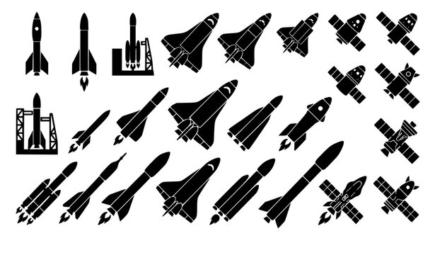 Space exploration rocket silhouette vector icon mega set with space shuttle satellite and aerospace transport symbols