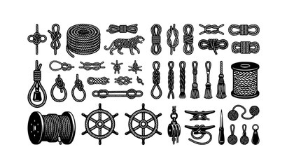 Monochrome rope knot and spool icons with braided nautical cord vector designs © Meerazul