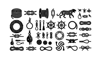 Industrial and nautical rope coil vector icons with twisted knot and loop silhouettes © Meerazul