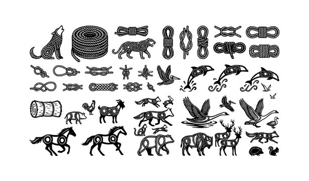 Black rope coil and knot vector icon set with twisted cord loops and nautical spools