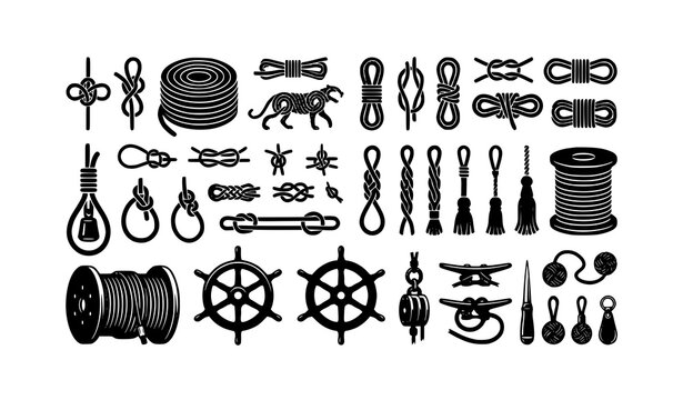Decorative rope coil and sailor knot silhouette vector collection for marine themes