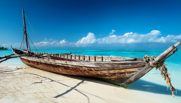 old wooden boat by the shore in zanzibar
