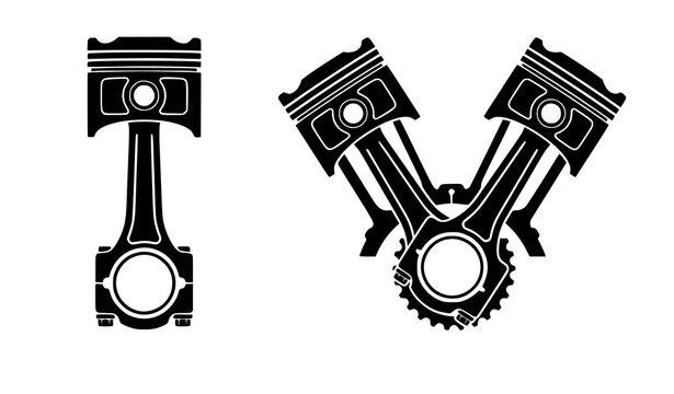 Detailed engine piston vector icon set with single and v twin cylinder mechanical silhouettes for automotive workshop graphics