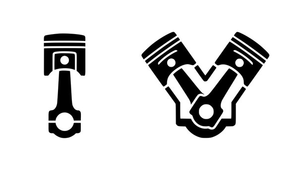 Car engine piston vector icon set with single and v engine mechanical silhouette symbols for automotive repair graphic design