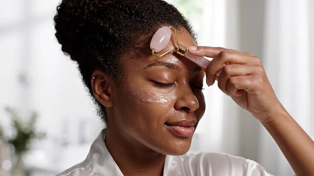 Young woman using a rose quartz face roller on her forehead for skincare routine
