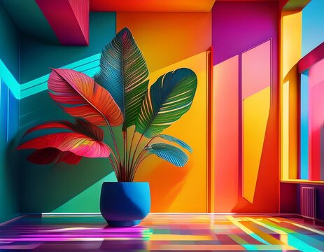 plant in a vibrant colorful interior space